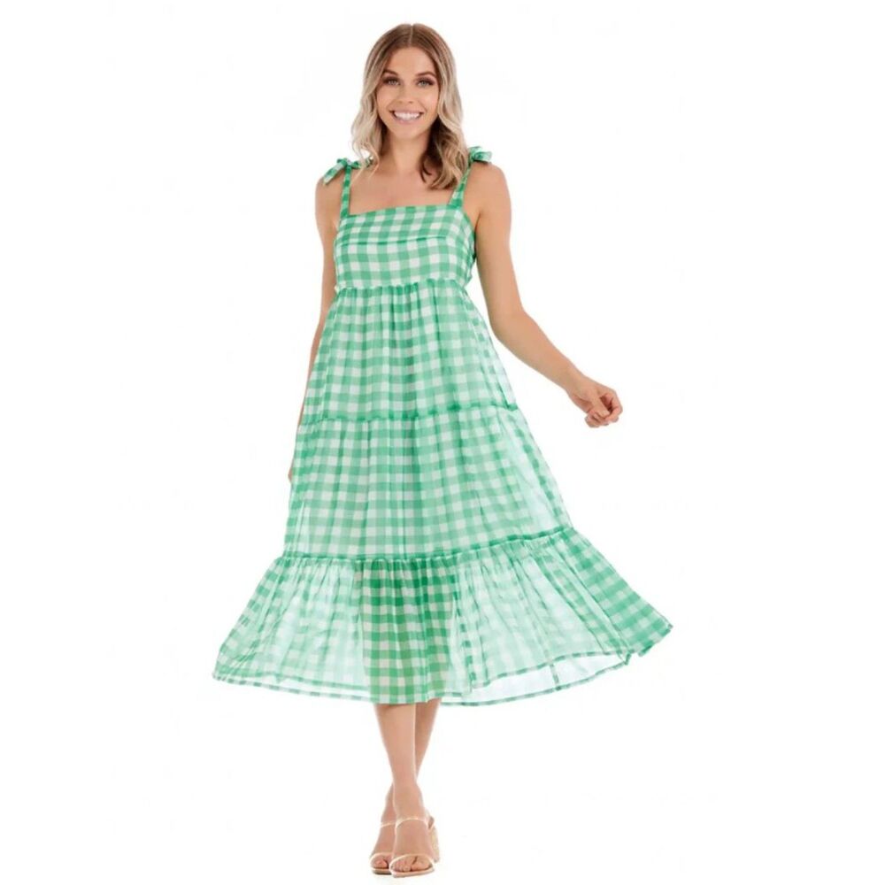 NEW Green & White Gingham Sz Large VIVIENNE Tiered Shoulder Tie Sundress MUDPIE
